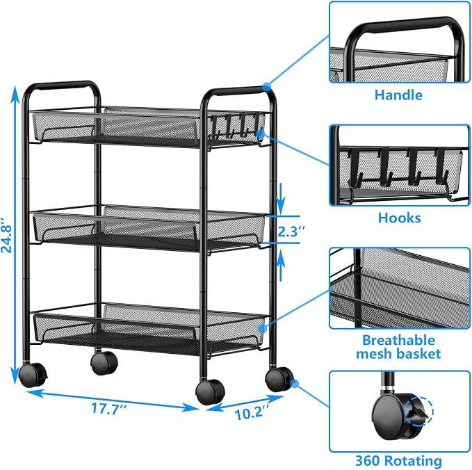 3-Tier Mesh Rolling Cart - 24.8" H Fits Under Desk Metal Cart with Wheel | Hold 35bls/Tier Small Space Storage Organizer Crafts Utility Cart for Office Pantry Bathroom Kitchen Laundry, Black