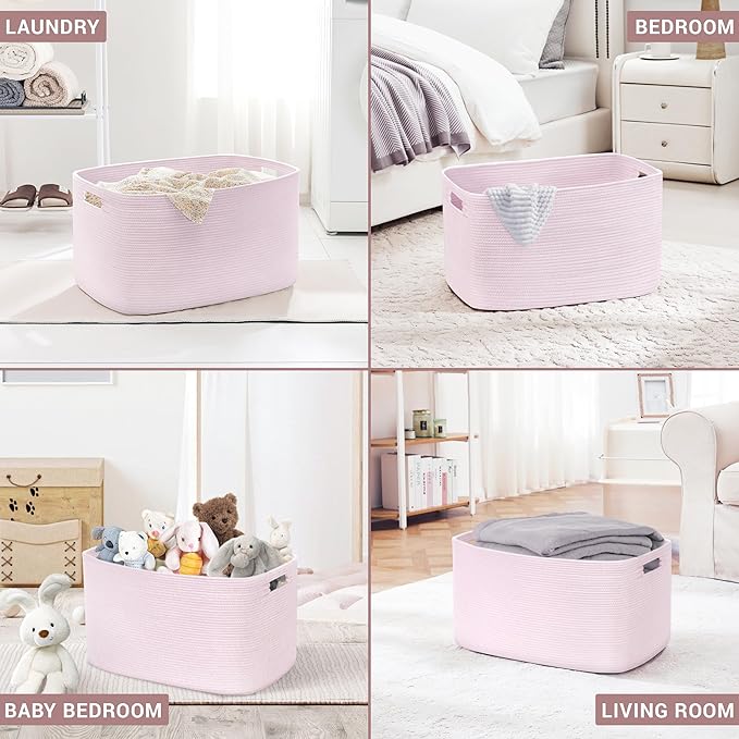 45L Small Baby Girls Laundry Basket for Nursery Storage,Cute Woven cotton Rope Baskets for Kids Toy，Gifts, Boho Square Wicker Blanket hamper for Living Room,Bedroom Dirty Clothes,Pink