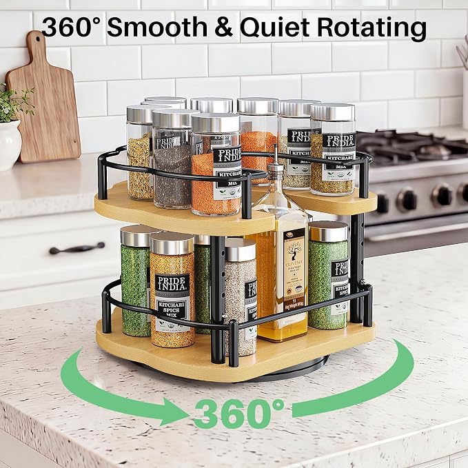 Lazy Susan Organizer Spice Rack - Spice Organization for Cabinet Height Adjustable Rotating Lazy Turntable, Pantry Kitchen Wood Revolving Seasoning Organizer (Natural, 9 Inch)