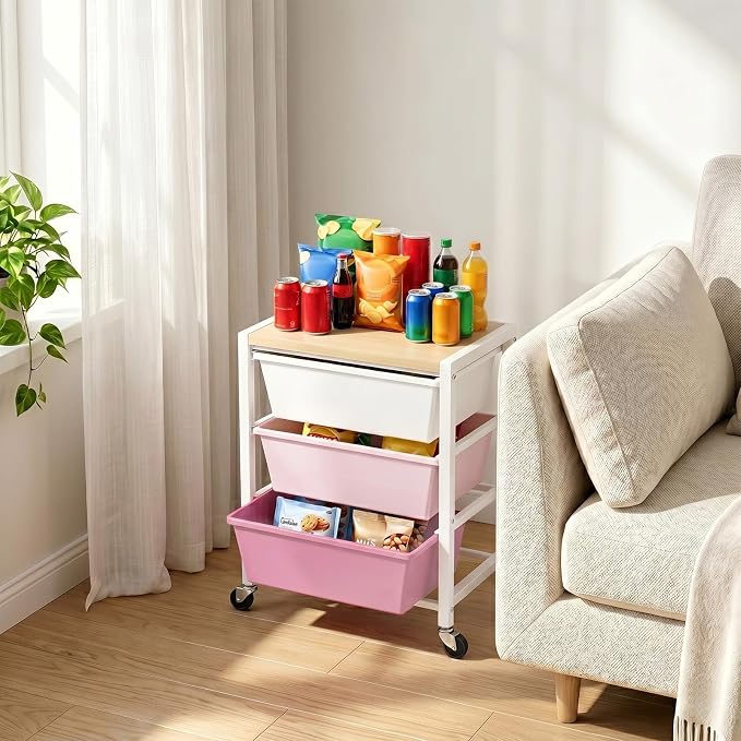 Rolling Cart with 3 Drawers, Plastic Drawer Storage Carts with Lockable Wheels & Wooden Tabletop, Metal Art Craft Utility Cart Organizer for Home Office Bedroom Dorm Bedside Classroom, Bright Pink
