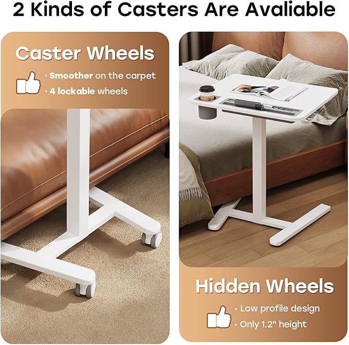 Small Mobile Standing Desk with Drawer, 23.6"x19.7" Rolling Laptop Cart on Wheels, Height Adjustable Sit Stand Computer Workstation with Storage for Compact Space, White