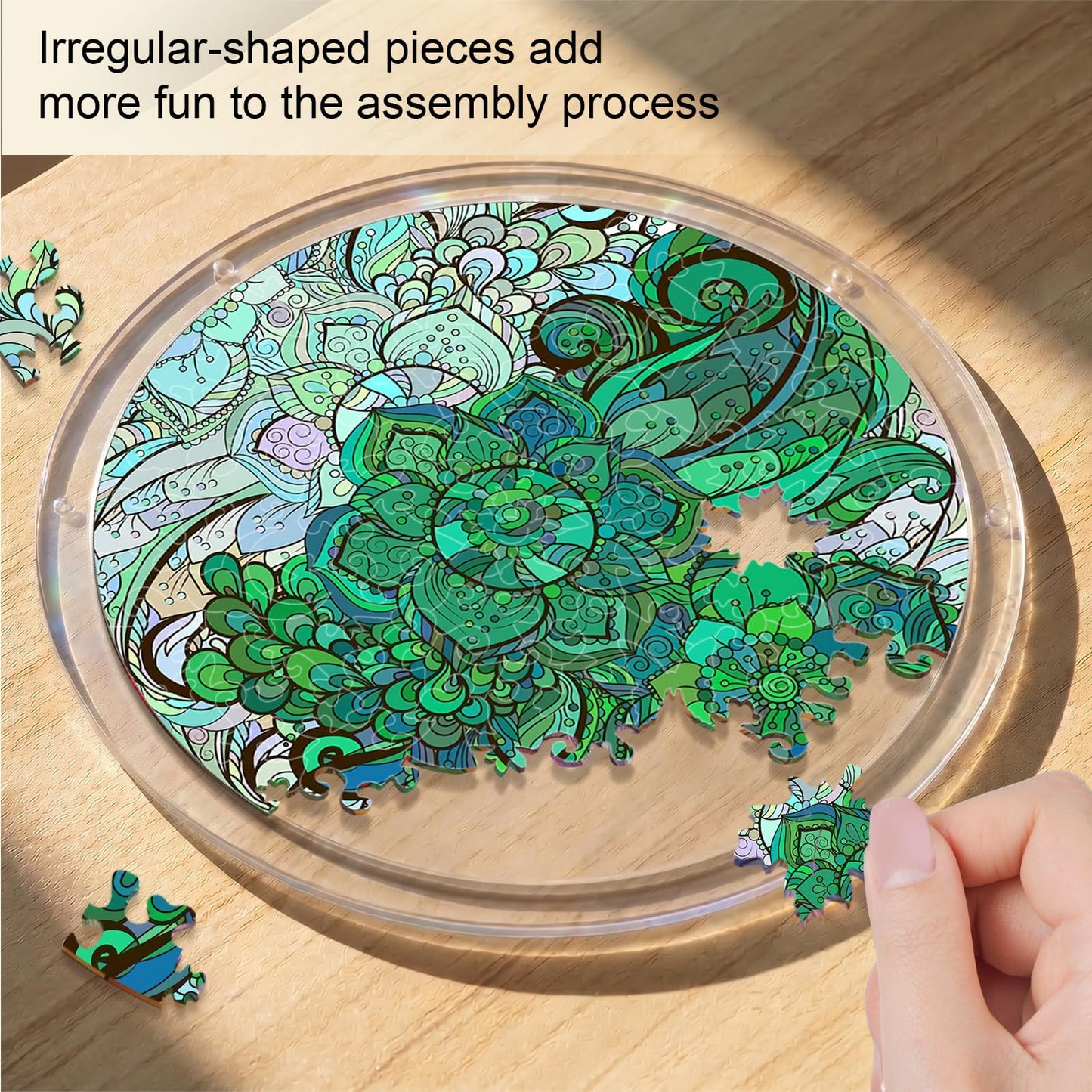 WOODBESTS Acrylic Suncatcher Puzzles, Suncatcher for Doors Garden Window Hanging, Green Mandala Puzzle, Birthday for Lover (M - 8.2 * 8.2 in)