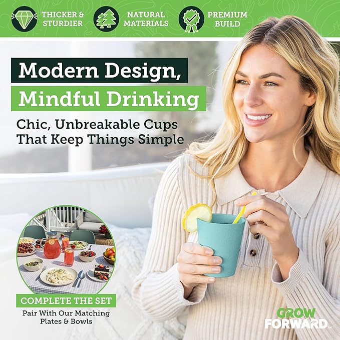 Grow Forward Premium Wheat Straw Cups - 13 & 20 oz Unbreakable BPA Free Hard Plastic Cups - Reusable Lightweight Plastic Drinking Glasses for Kitchen, Outdoor, Water, Camping, RV - Seascape