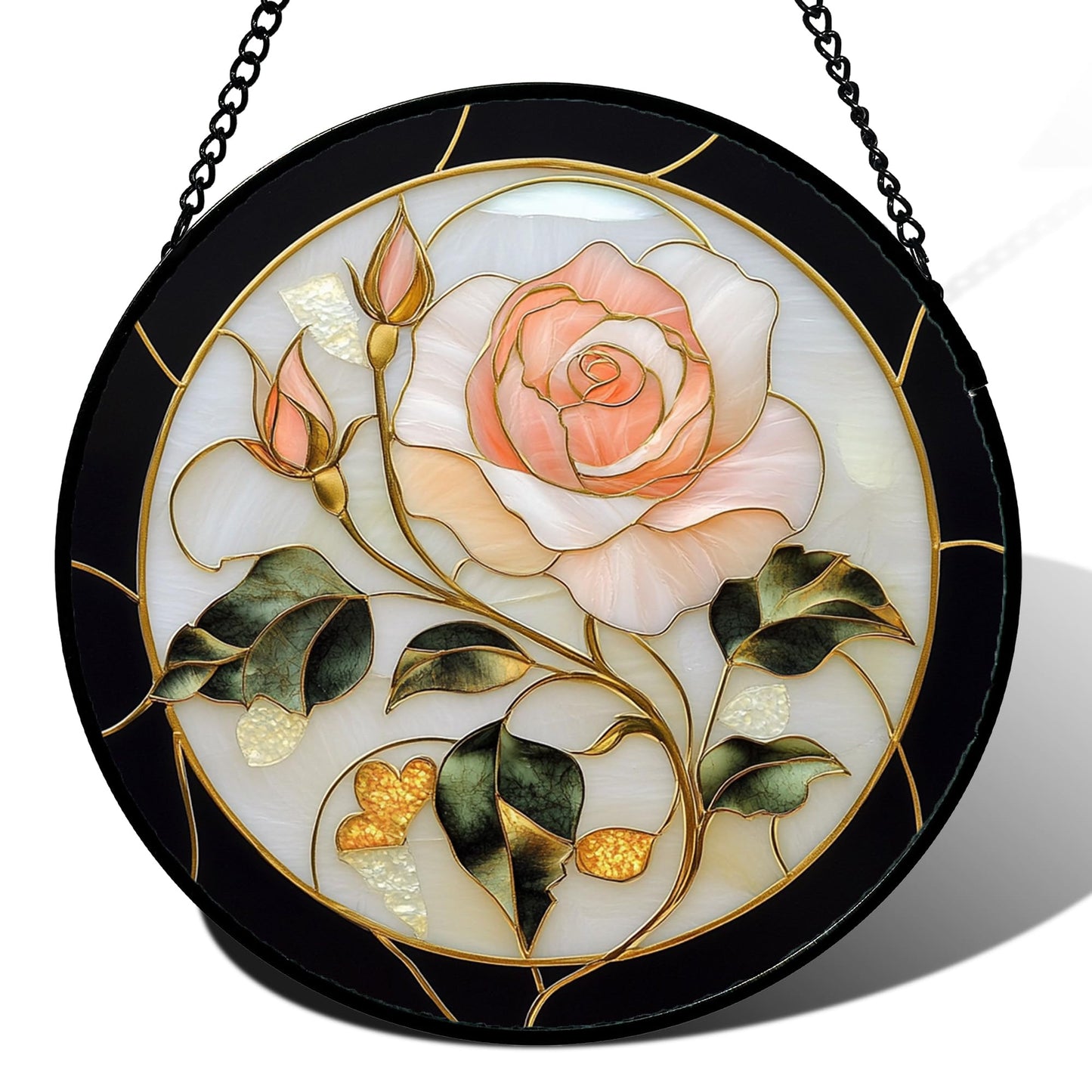 AMDERVEN Stained Glass Window Hanging - Black White Pink Rose Sun Catcher for Door Home Decor Flower Suncatcher Christmas Mother's Day Birthday Gifts for Women Men Lovers Mom Nana 15 in