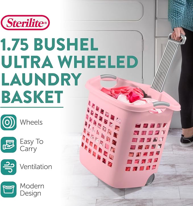 Sterilite 4 Pack Ultra Wheeled Laundry Basket, Plastic Clothes Hamper Bin with Wheels and Retractable Handle, 1.7 Bushel Capacity, Pink Frost