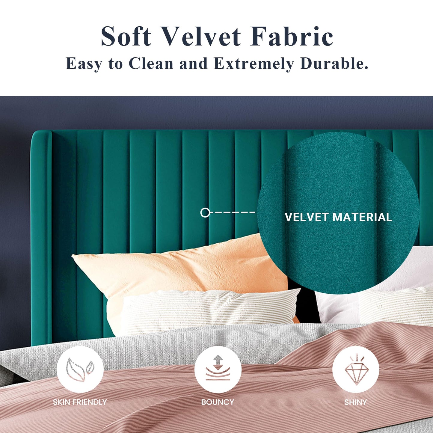 Allewie King Size Bed Frame/Velvet Upholstered Platform Bed/Vertical Channel Tufted Wingback Headboard/Strong Wooden Slats/No Box Spring Needed/Easy Assembly/Teal
