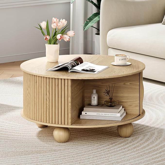 JOINICE Round Coffee Table with Storage, 31.5" Natural Oak Fluted Drum Center Table, Scandi Japandi Wood Circle Table with Sliding Door & Bun Feet for Living Room