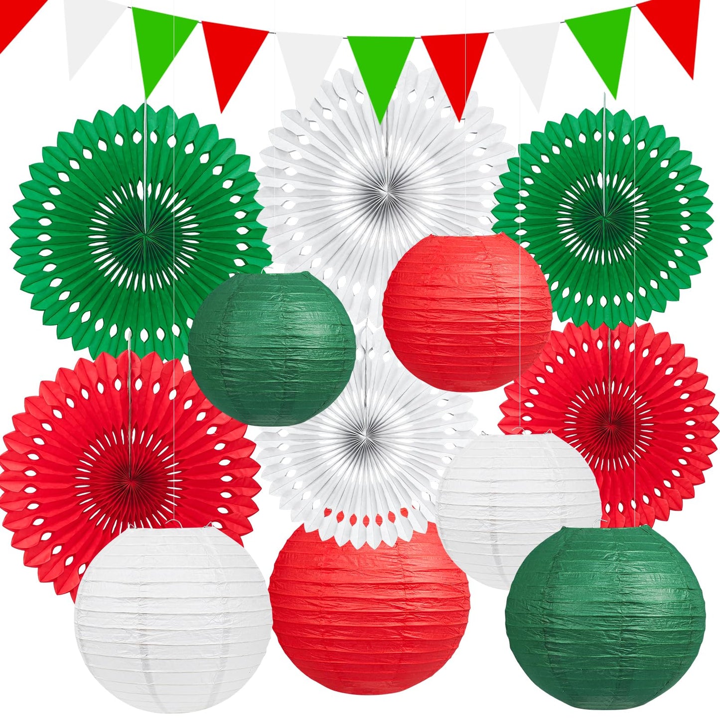 13 Pcs Red White Green Italian Party Decorations Set, Hanging Paper Lanterns & Fans, Mexican Fiesta Decor, Christmas Holiday Supplies, Reusable Eco-Friendly Party Backdrop Kit