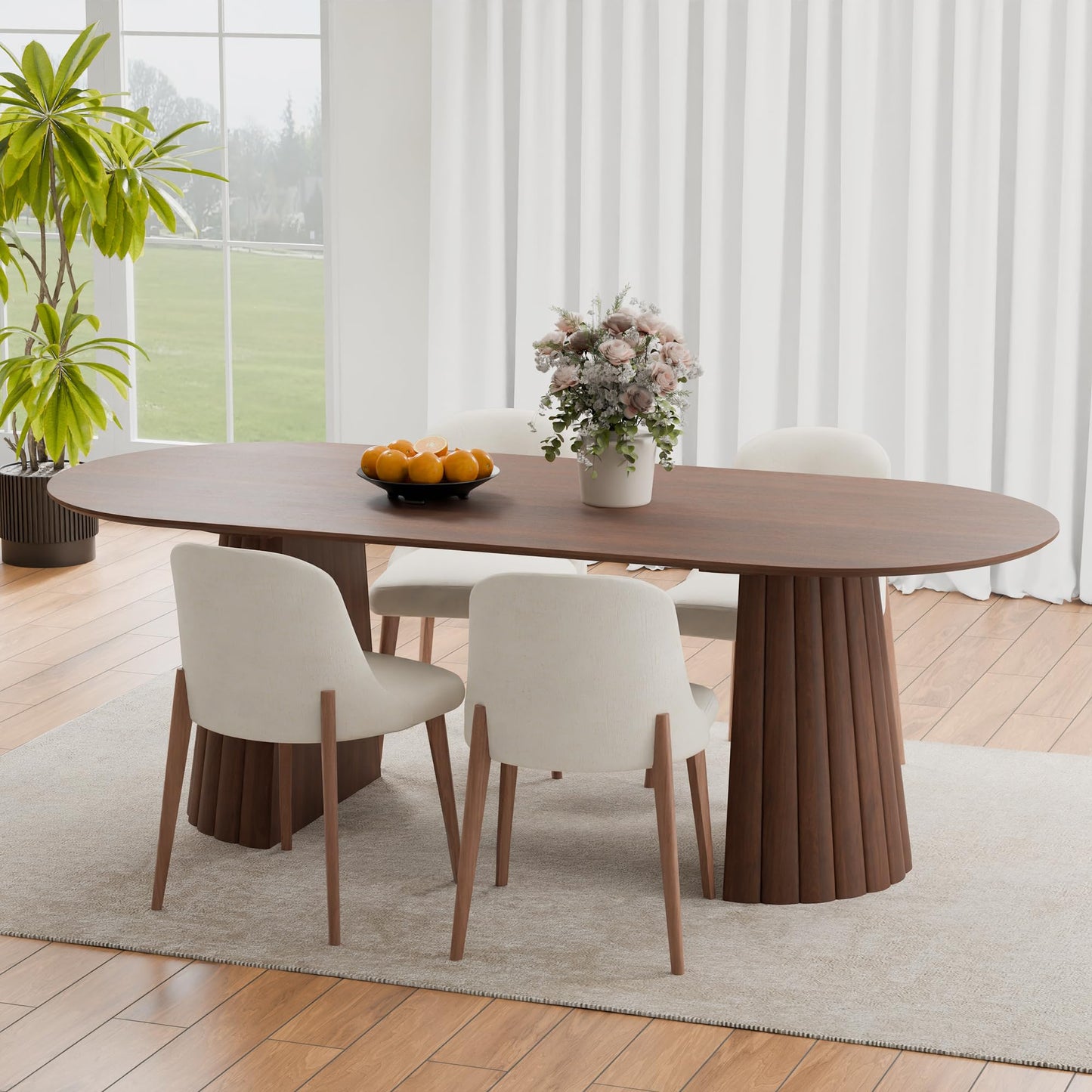 Casaphoria 79" Oval Dining Table, Modern Wood Kitchen Table with Cone Shaped Stripe Convex Base for Living Room & Dining Room, Easy Assembly Farmhouse Furniture for 6-8, Walnut
