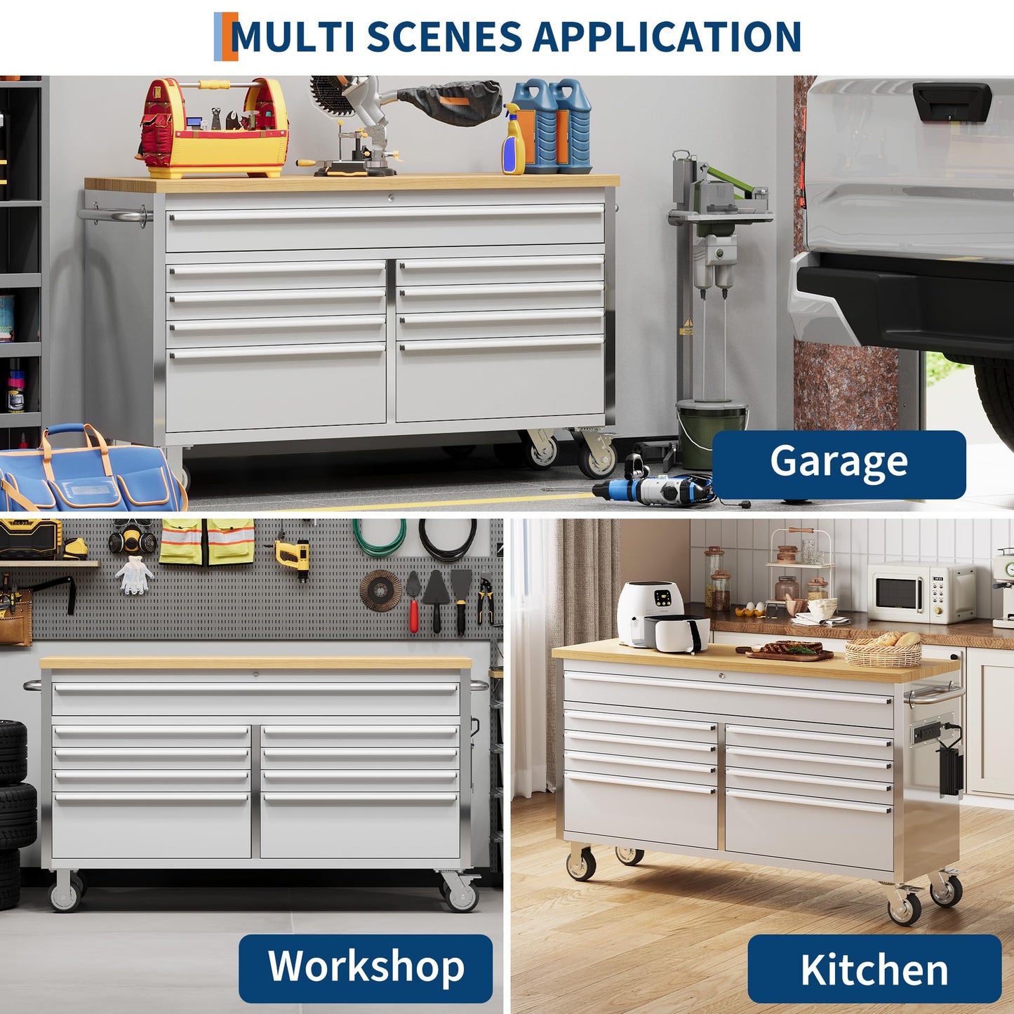 GarveeLife 61-Inch Rolling Tool Chest with 9 Drawers Garage Workbench, Solid Rubberwood Top, Storage Cabinet with Wheel Lock and Key Lock for Workshop, Garage, Kitchen and Home