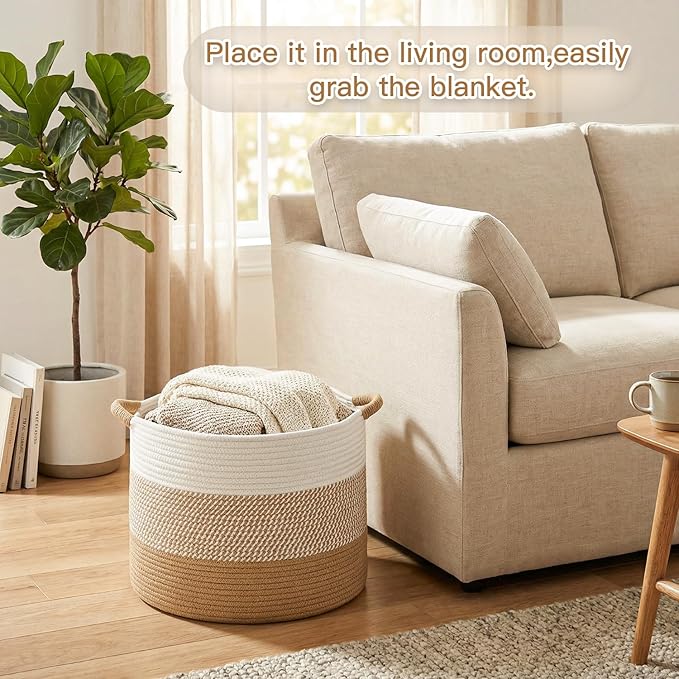 Artfeel 40L Large Cotton Rope Basket, Decorative Woven Blanket Storage for Living Room, Boho Toy Storage & Toy Box for Kids, Versatile Laundry Basket & Nursery Hamper for Blankets(Brown)