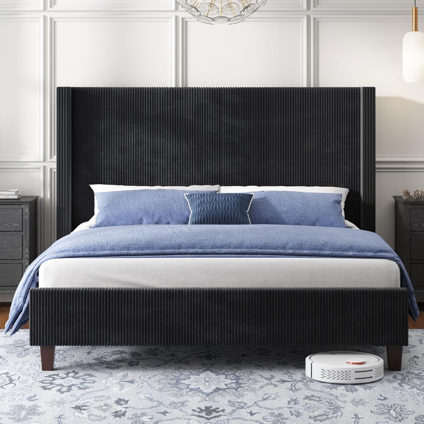 HOWE California King Bed Frame with 50.8" Tall Wingback Headboard, Modern Corduroy Upholstered Platform Bed Frame with Solid Wood Slats & Legs, No Box Spring Needed, Noise-Reducing Design, Black