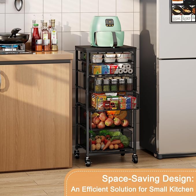 6-Tier Kitchen Storage Cart -Fruit Vegetable Storage Cart with Drawers, Wooden Top Metal Wire Kitchen Organizer and Storage Cart with Wheels to Storage Onions Potatoes Cans Snacks for Kitchen