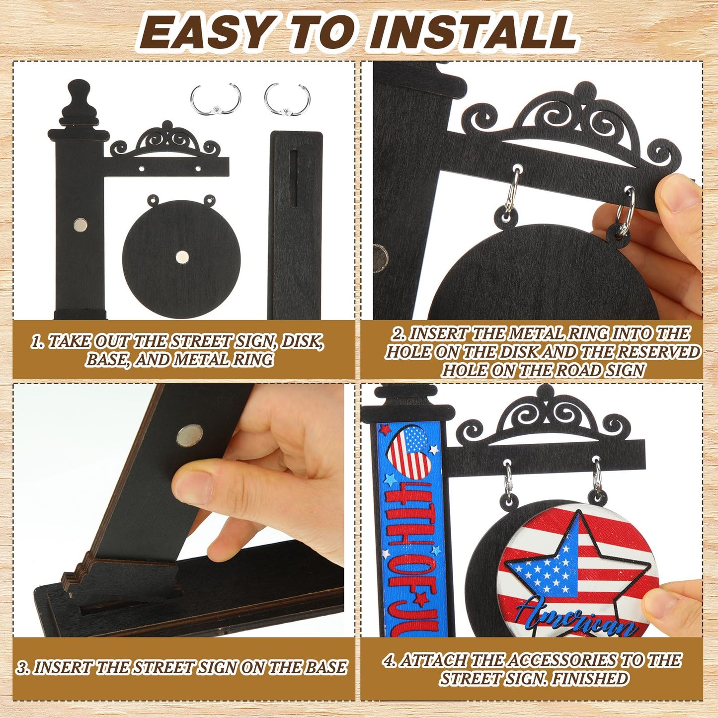 RattanView 41 Pcs Interchangeable Seasonal Decor Mini Standing Sign Farmhouse Convertible Holiday Wood Welcome Sign for Summer 4th of July World Bee Day Table Decor(Black)