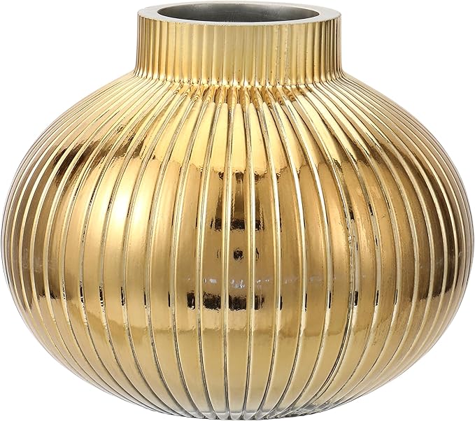 Gold Glass Vase, Flower Vases for Bouquet, Ribbed Glass Vases for Flowers, Small Gold Vase for Living Room, Office, Coffee Table, Shelf, Wedding, 6 Inches