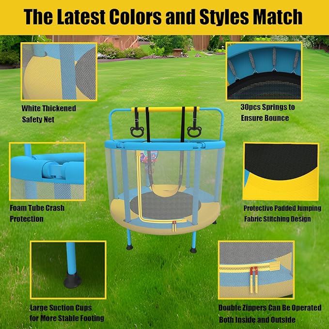 LANGXUN 60" Trampoline for Kids, 5ft Mini Toddler Indoor & Outdoor Trampoline with Net, Basketball Hoop & Dart Board, Birthday Gifts for Boys & Girls, Baby Toddler Christmas Toys (Blue & Yellow)