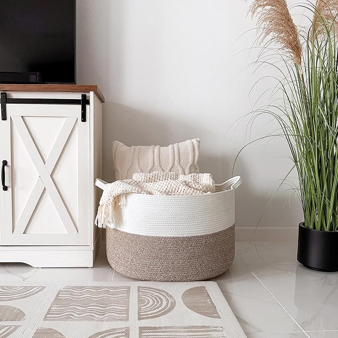 INDRESSME XXXLarge Blanket Basket for Living Room 21.7" x 21.7" x 13.8"-Storage Basket with Handle for Organizing Toy Pillows Woven Cotton Rope Laundry Basket Stuffed Animal Toy Storage for Play Room