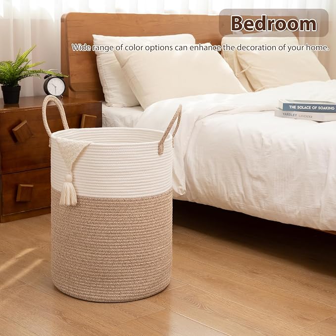 OIAHOMY Large Laundry Basket Hamper - 80L Cotton Rope Woven Basket for Blankets, Toys, Clothes - Tall Decorative Nursery Hamper with Long Handles, Brown/White