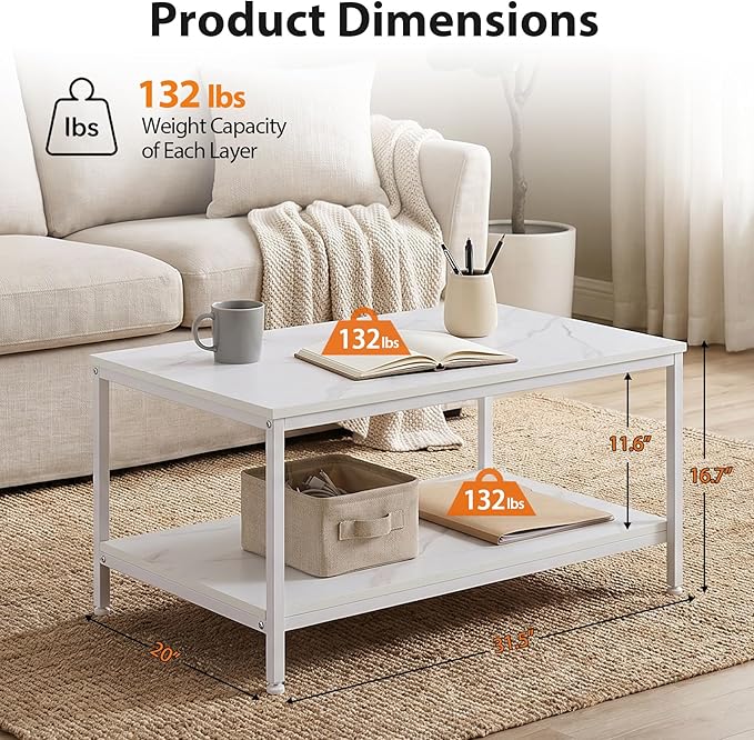 SUPER DEAL 2-Tier Industrial Coffee Table with Storage Shelf for Small Apartment Living Room, Rectangle Wood and Stable Metal TV Stand Side End Table, White Marble
