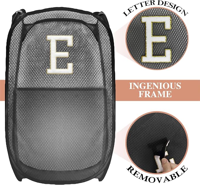 Collapsible Pop Up Laundry Hamper, Extra Large with Removable Initial Letter E, Mesh Foldable Laundry Basket, 28" x 16" x 16" (Black)