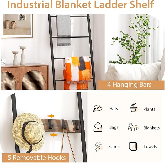 Tangkula Blanket Ladder, 5-Tier Ladder Shelf with 5 Removable Hooks, Wall-Leaning Decorative Blanket Holder with Metal Frame, Industrial Towel Display Rack for Living Room, Bathroom