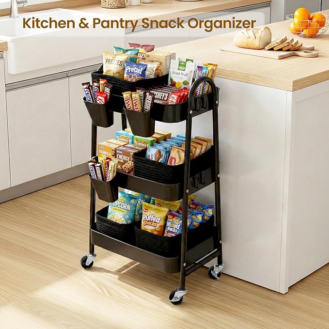 3-Tier Rolling Utility Cart with 4 Woven Baskets, Diaper Book Snack Cart, Storage Organizer for Nursery, Kitchen, Craft Room, Home SPA, Living Room, Metal Frame Trolley on Lockable Wheels, Black
