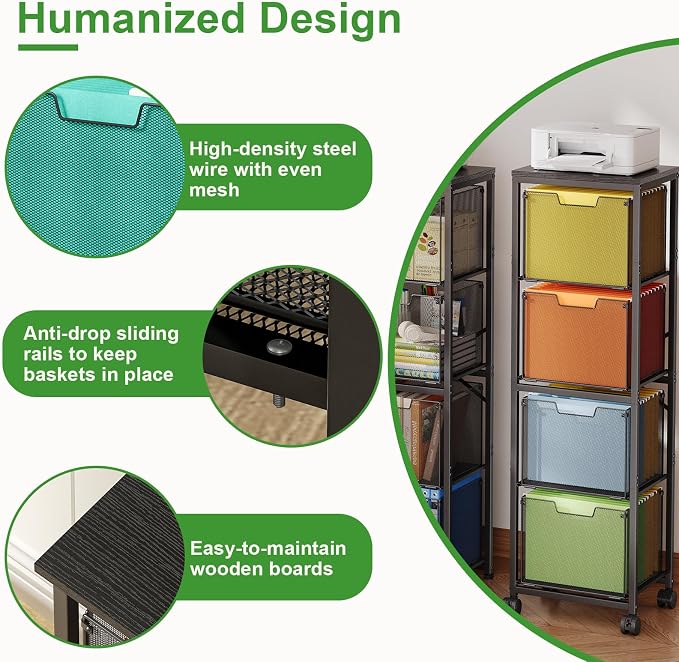 Sbanmao 4 Drawers File Cabinet, Vertical Filing Cabinets, Rolling File Cart, Hanging File Folder Organizer with Wheels, Mobile Printer Stand Utility Craft Cart for Home Office,Black