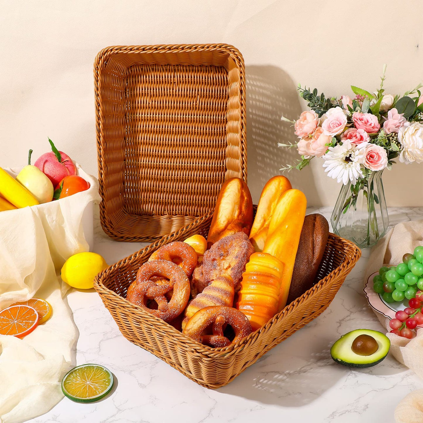 Irenare 6 Pack Wicker Bread Basket 17.7 Inch Woven Bread Serving Baskets for Gifts Poly Rattan Fruit Tabletop Food Trays for Display Vegetables Restaurant Kitchen Snacks