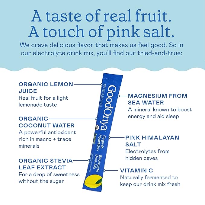 Organic Hydration Electrolyte Drink Mix, Certified Organic Hydration Powder, Non-GMO, Biochecked Glyphosate Free, Low Sugar, Lemonade Flavor, No Artificial Flavors,12 Stick Packs