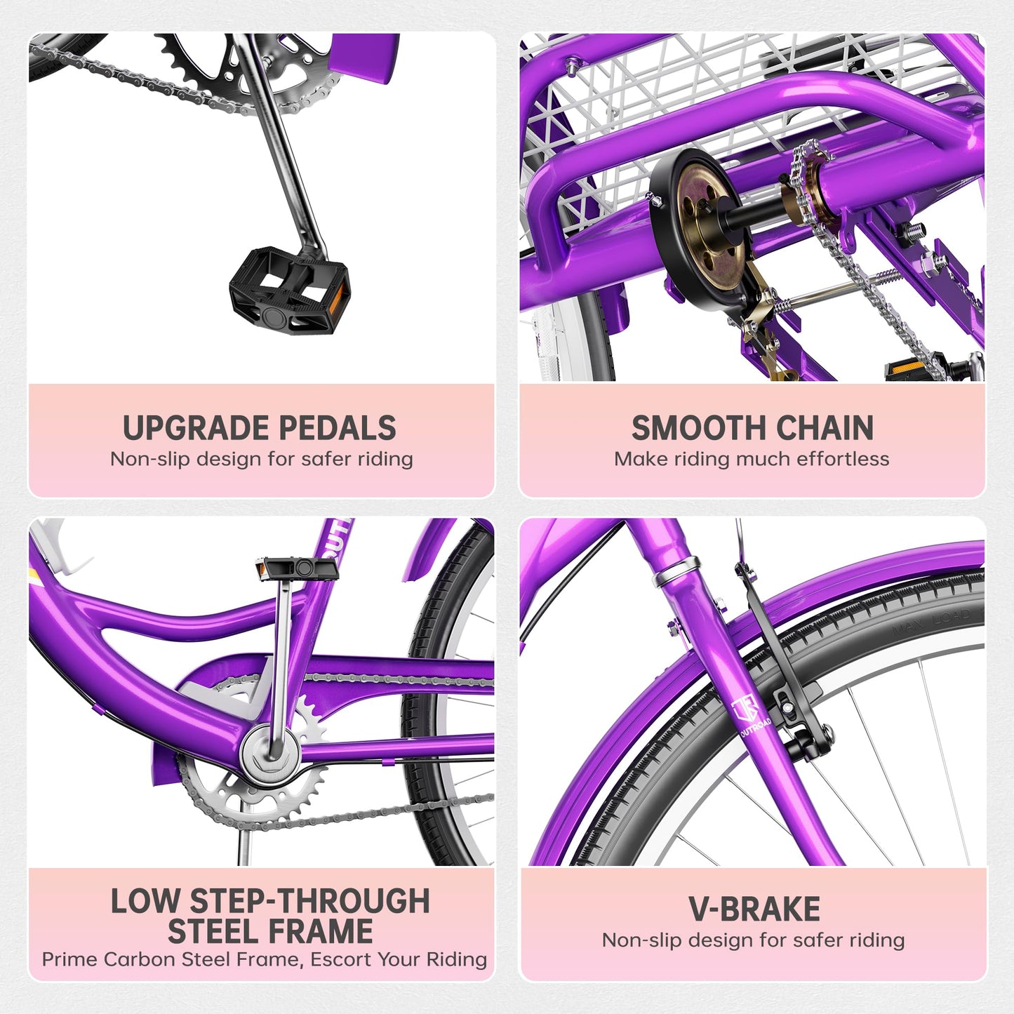 MarKnig 1 Speed Adult Tricycle, 3 Wheel Bikes with Large Basket, Cruiser Bike for Women/Men/Seniors, Adult Trike for Outdoor/Shopping/Recreation/Picnic(24Inch Purple)