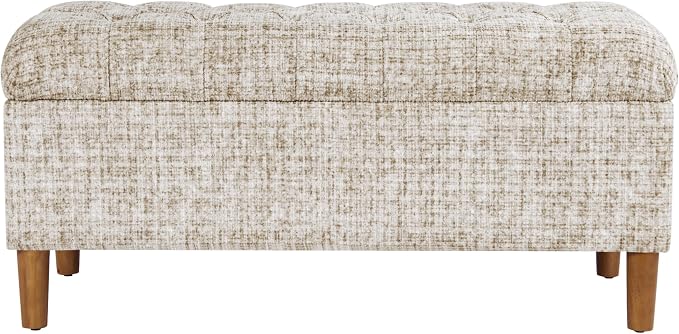 Homepop Home Decor | Tufted Ainsley Button Storage Ottoman Bench with Hinged Lid | Ottoman Bench with Storage for Living Room & Bedroom, Cream Textural Woven