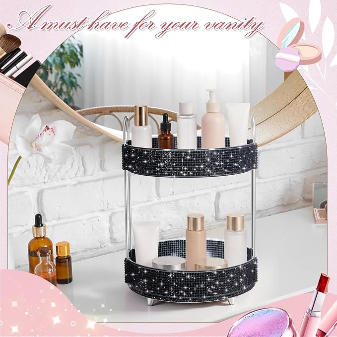 Honeydak 360 Rotating Perfume Organizer Gift for Women, Rhinestone Preppy Skincare Organizer Bathroom Counter Makeup Holder Skincare and Perfume Storage for Cosmetic(2 Tiers,Resin Diamond,Black)