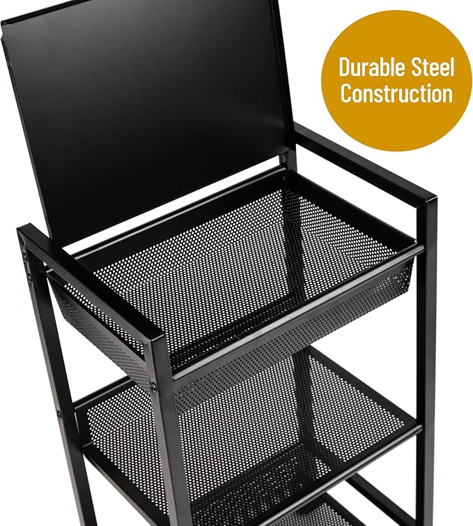 Mind Reader Cart with Covered Compartment, Office Organizer, Storage, 3-Tier, Office, Metal, 15.5" L x 11" W x 28.25" H, Black