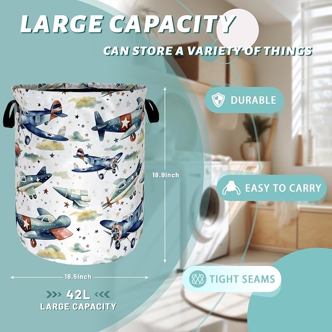 Watercolor Plane Laundry Basket Foldable Cartoon Laundry Hamper Oxford Cloth Plane Printed Colorful Tote Bag Clothes Toy Storage Bucket For Bathroom/Laundry Storage/Bedroom 18.9x16.5 Inch