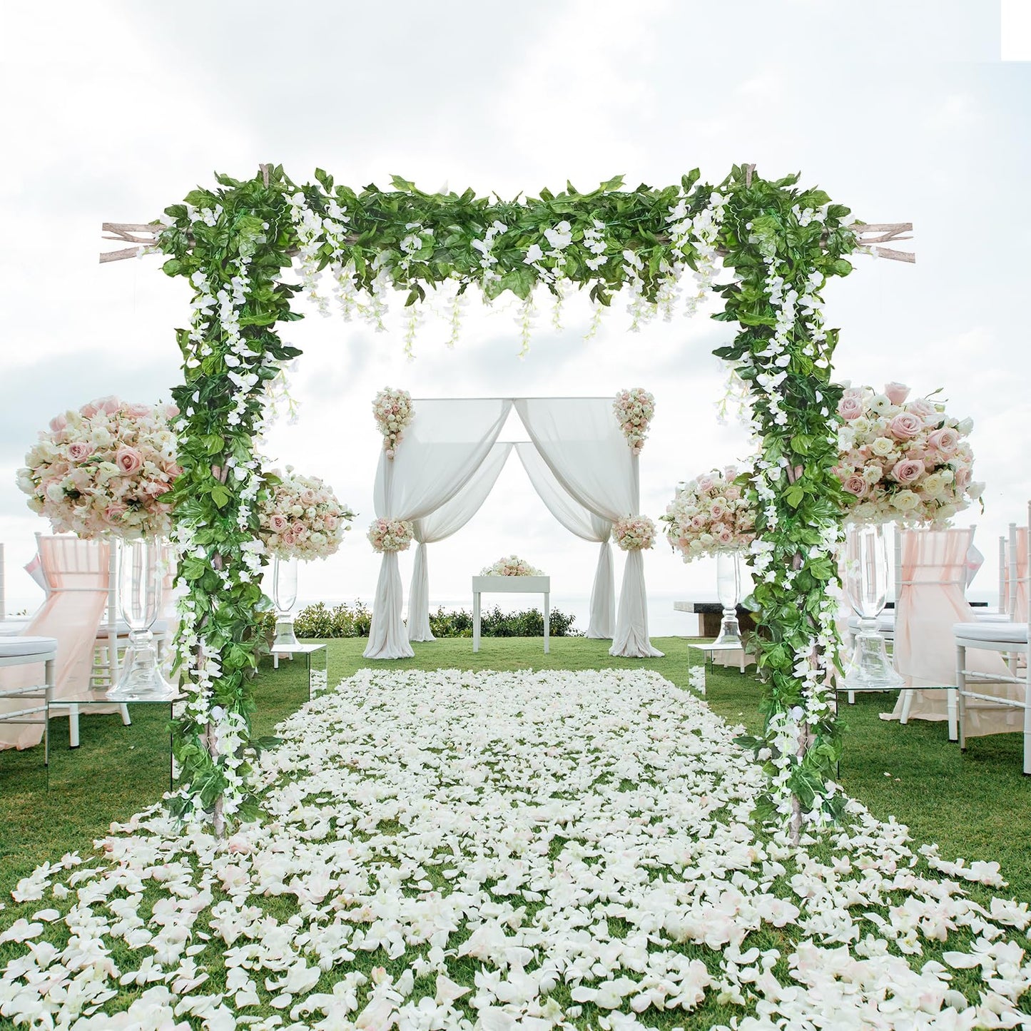 Mavee 28.8ft Artificial Wisteria Vine Garland (4x7.2ft), Silk Hanging Flowers Decor for Wedding Arch, Home Floral Arrangements - White