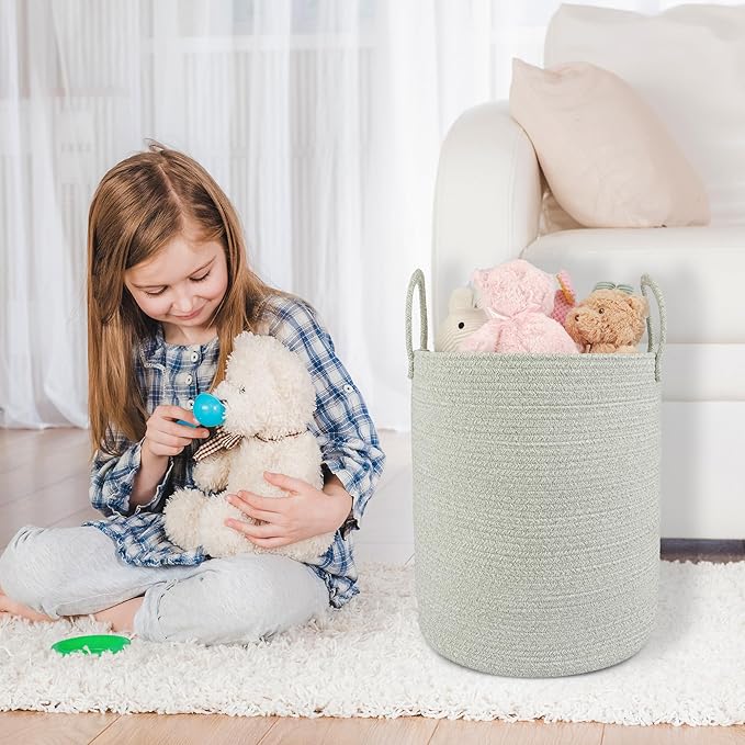 XUANGUO Cotton Rope Laundry Basket Hamper for Clothes Woven Storage Basket for Living Room Bedroom Boho Tall Rope Baskets for Blanket Toys Pillow Towels Baby Nursery Hamper Bin green