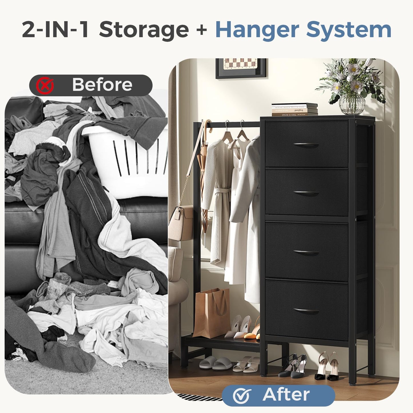 OLIXIS 4 in 1 Storage with Hanging Rack, Clothes Rack Shoes Rack, Bag Hook, Tall Storage Tower, Sturdy Frame for Bedroom Entryway Living Room Black