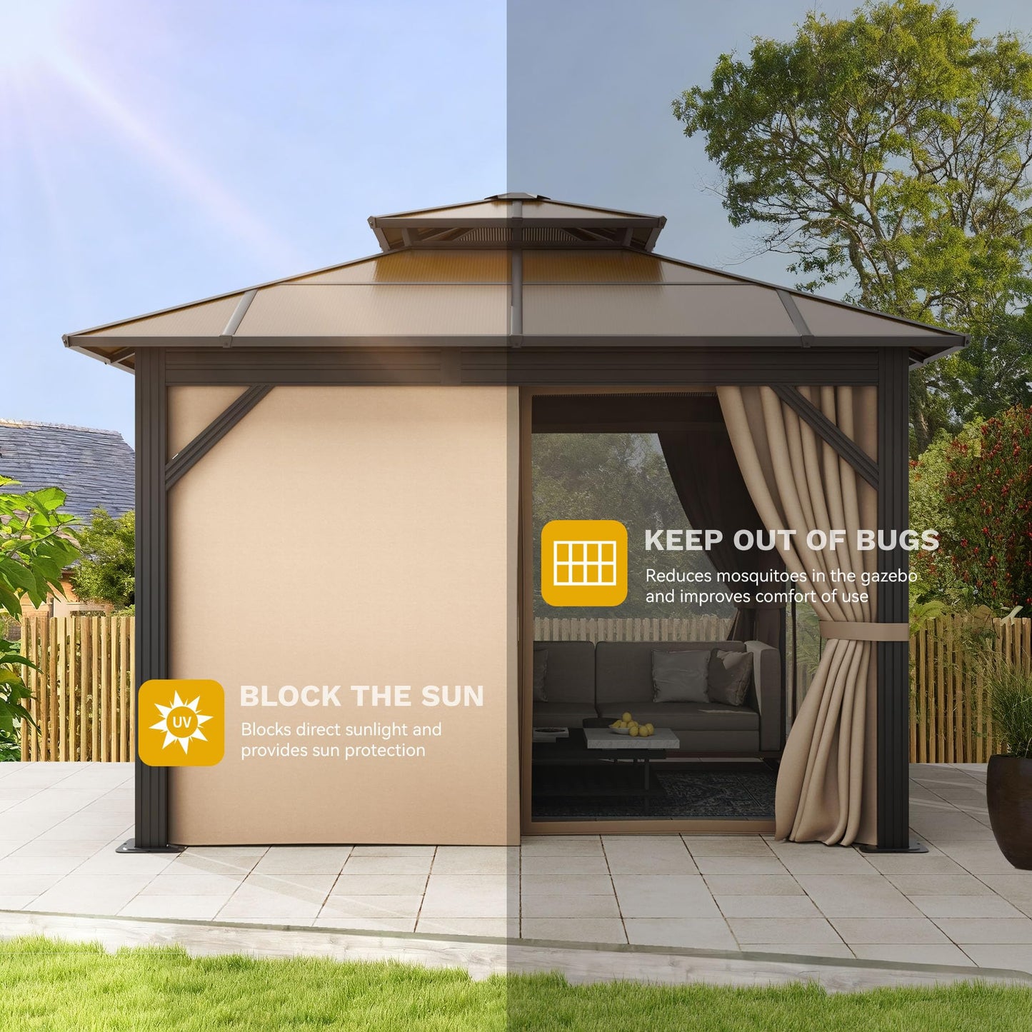 DWVO 10x10ft Gazebo Hardtop Double Roof Polycarbonate Canopy Outdoor with Netting and Shaded Curtains, Metal Frame Garden Tent for Patio, Backyard, Deck and Lawns, Brown