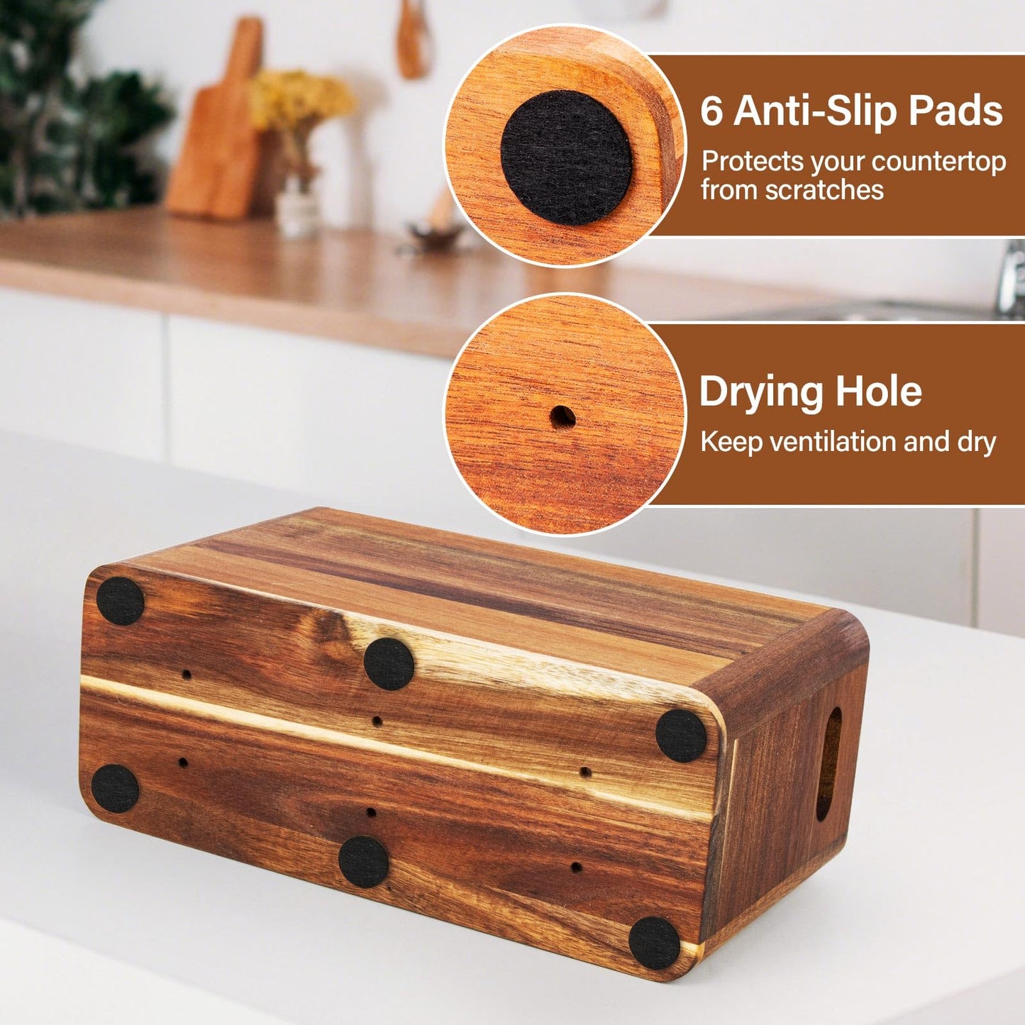 Wooden Utensil Holder for Kitchen Counter or Wall, Large Utensil Holder with 3 Compartment, Acacia Wood Kitchen Utensil Organizer for Storage Spoons & Spatulas, Fall Farmhouse Utensil Crock Container