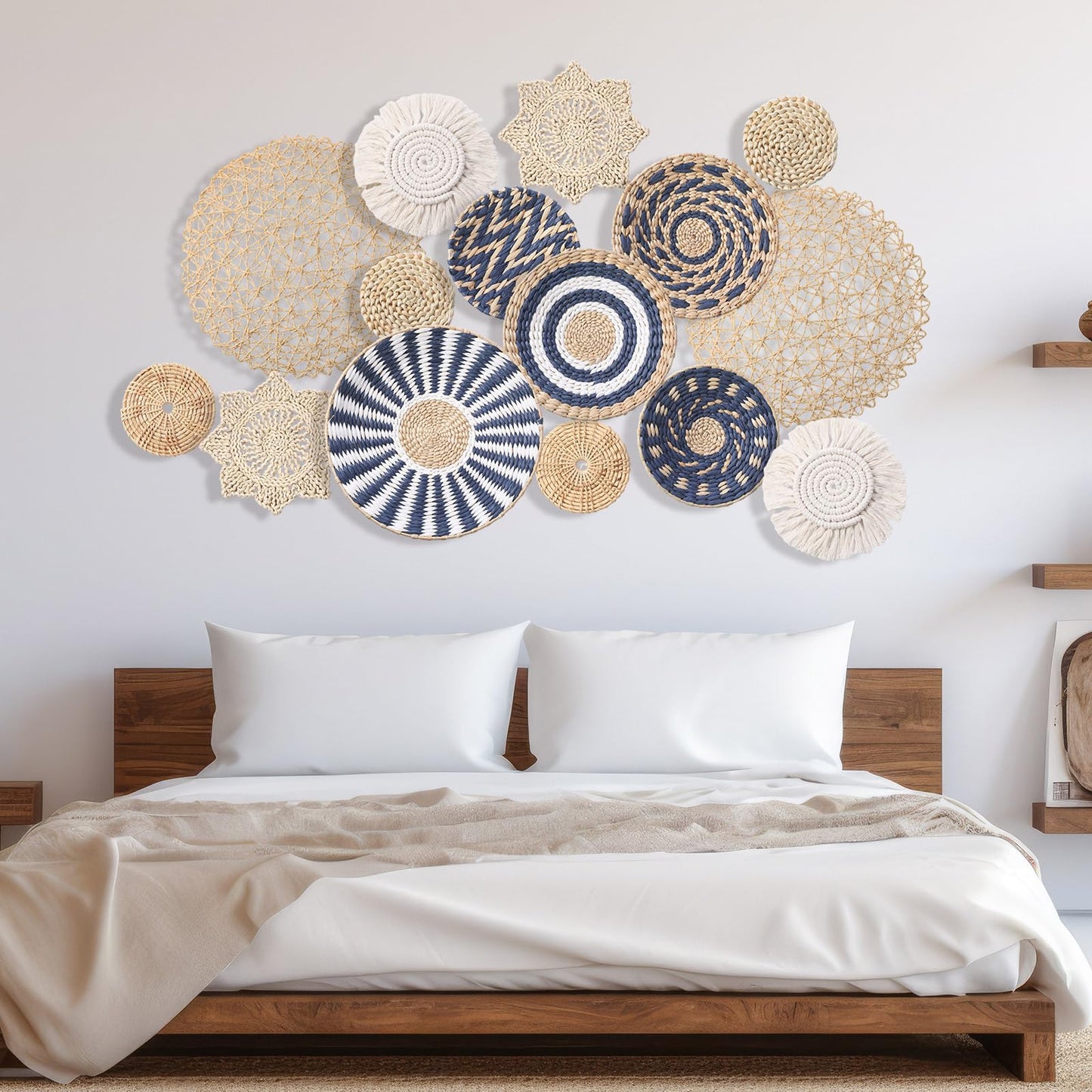 Anglechic 15 Pcs Boho Wall Basket Decor Woven Rattan Seagrass Wall Decor Hanging Rustic Farmhouse Western Art Decoration for Nursery Living Room Bedroom Home Kitchen(Blue Style)