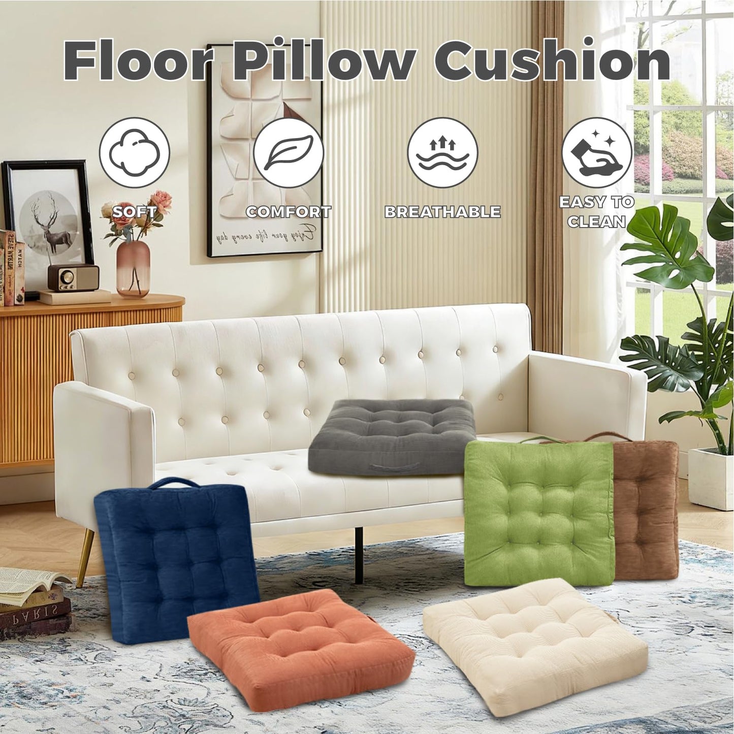 Cyditan 2 Pack Tufted Velvet Floor Pillows Orange Portable Seat Cushions with Handle, Floor Cushion Pillow Seats for Stadium Patio Dining Chairs 18x18 Inch