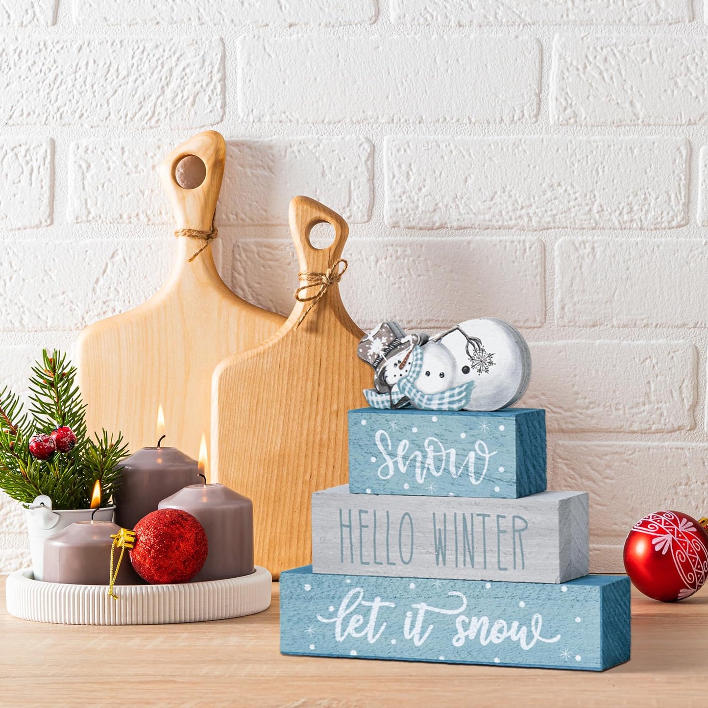 Smile 4 Pcs Christmas Signs, Wooden Tabletop Decor, Let It Snow Hello Winter, Ornaments for Home Shelf Mantel Fireplace.