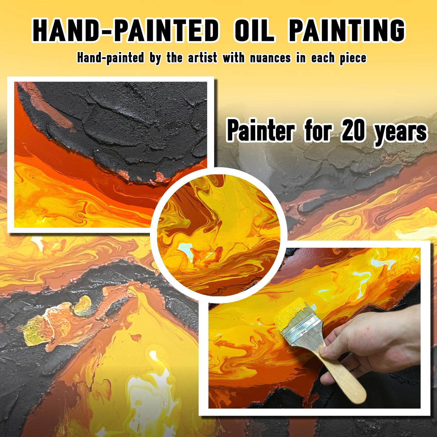 GUGIKA Abstract Wall Art for Living Room, Hand Painted 3D Textured Magma Paintings, Black and Gold Yellow Volcanic Lava Canvas Wall-Decor for Bedroom, Size 40 x 20 Inches