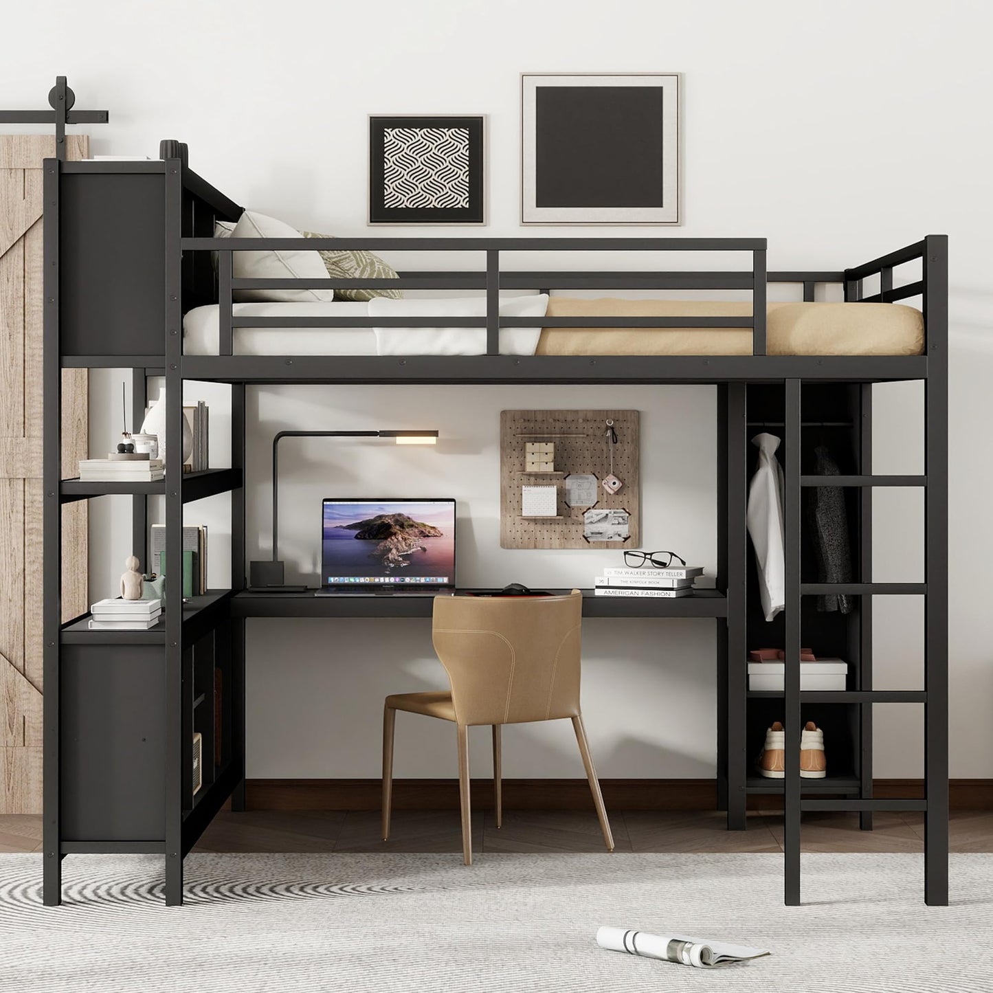 Queen Loft Bed with Wardrobe and Storage Cubes, Queen Size Loft Bed with Desk, Storage Shelf and Guardrail, Queen Size Loft Bed for Adults, Teens, Kids, Black