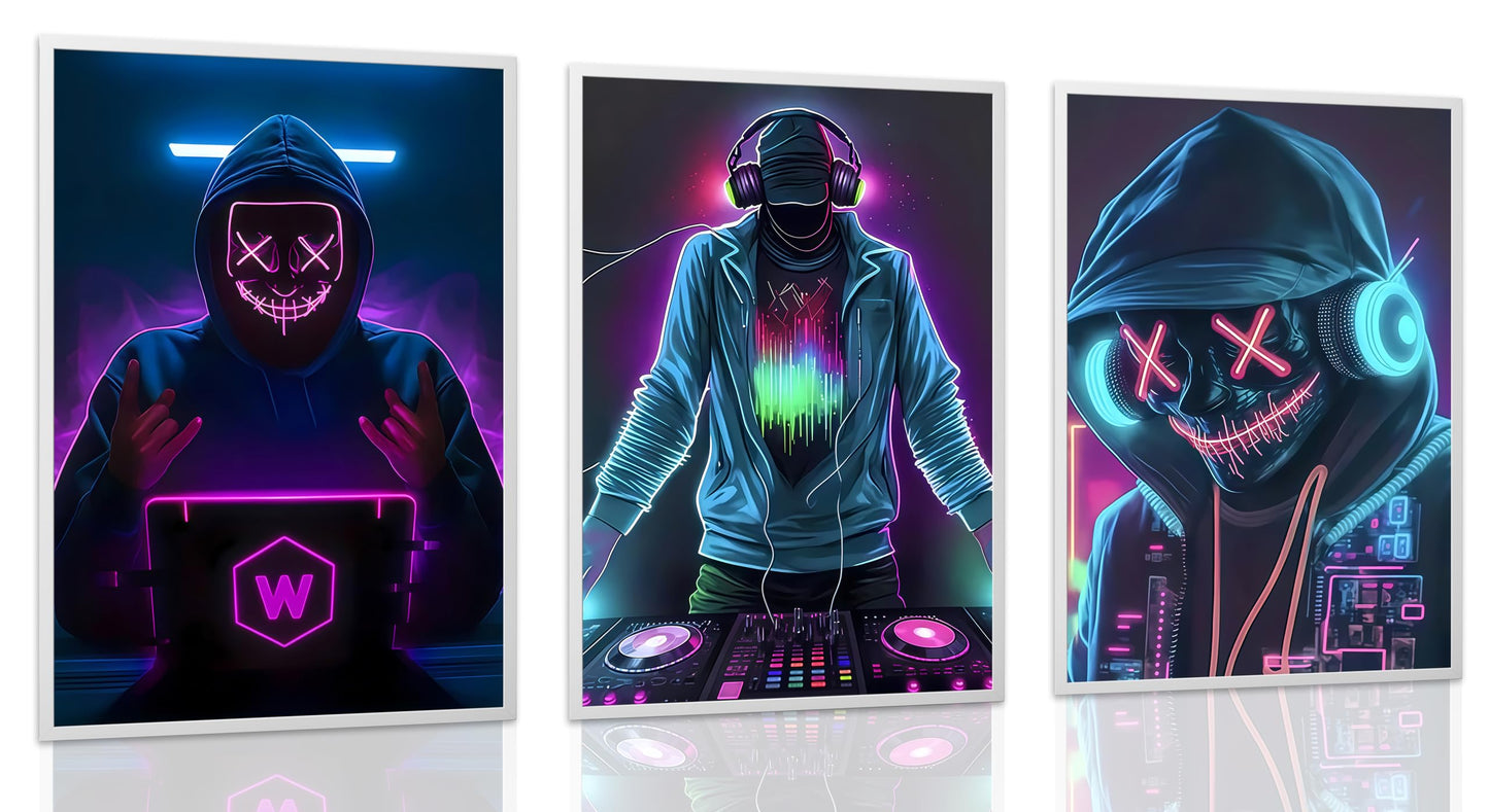 JWDXNOOK 3Pcs Cool Gaming Wall Art Neon Hooded Mask Character Pictures Posters Wall Decor Cyberpunk Canvas Paintings Prints for Teen Room Boy Bedroom Decoration Unframed