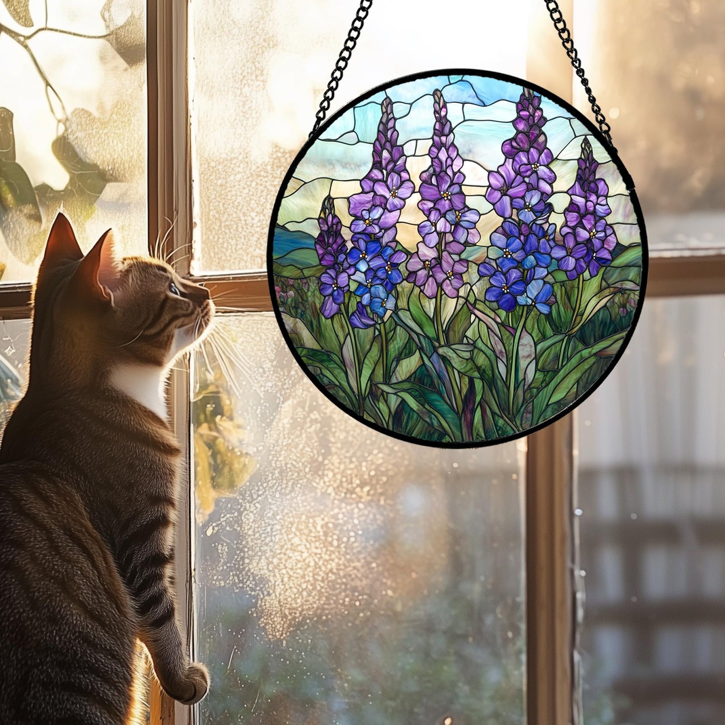 CRISGIF Stained Glass Window Hanging - Purple Delphinium Birth Flower Suncatcher for Door Garden Patio Sun Catchers Decor Christmas Mother's Day Birthday Gifts for Women Mom Nana Friend 11.8 in