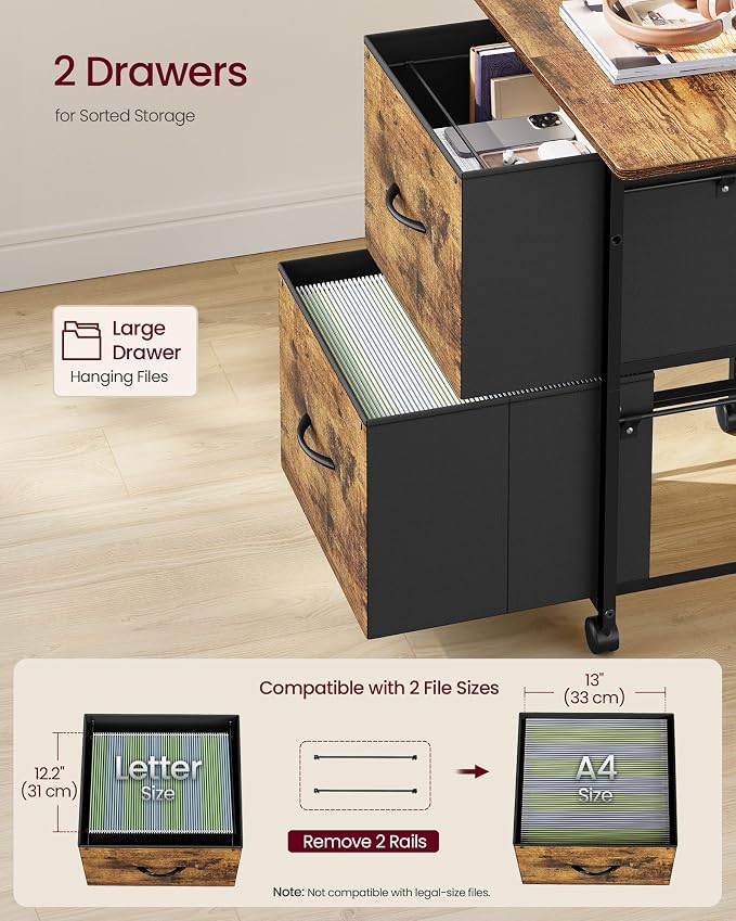 VASAGLE 2-Drawer File Cabinet, Mobile Printer Stand with Storage, Filing Cabinet for A4 Letter Size, Side Pockets, 23.6 x 15.7 x 26.8 Inch, Rustic Brown, Bellah Collection UOFC202KD01