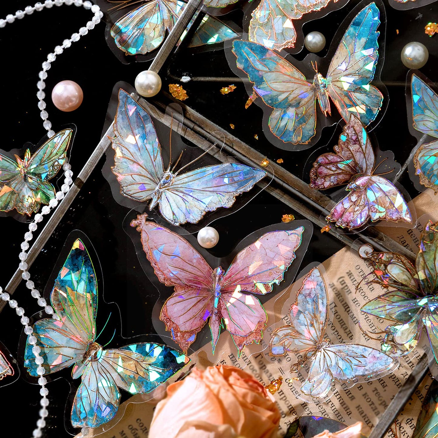 Aromoty Butterfly Stickers Set Ice Crystals Holographic Shiny Transparent Resin Waterproof Stickers Decals 80 Pieces with 4 Themes for Scrapbooking Supplies Junk Bullet Journals Daily Planner Laptop