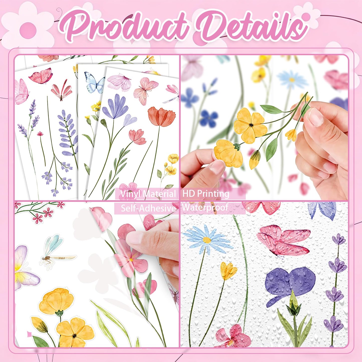 Flower Wall Decals - 8 Sheets 60 Pcs Floral Butterfly Wall Stickers Peel and Stick Wildflower Wall Decals for Girls Bedroom Living Room Home Office Wall Décor
