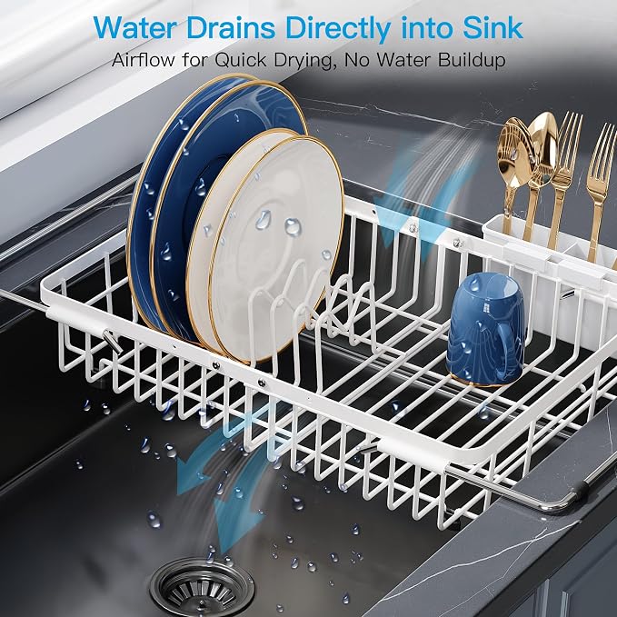 JASIWAY White Expandable Stainless Steel Dish Drying Rack Over The Sink for Small Kitchen, Counter Space Saving Compact Plate Drainer Strainer, Adjustable Hanging Metal Dish Dryer with Utensil Holder